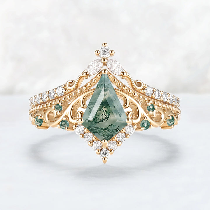 Botanical Vine Kite Cut Moss Agate 14K Rose Gold Ring Set 2pcs