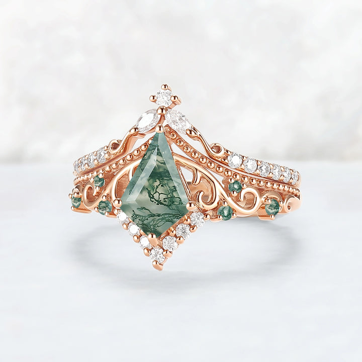 Botanical Vine Kite Cut Moss Agate 14K Rose Gold Ring Set 2pcs