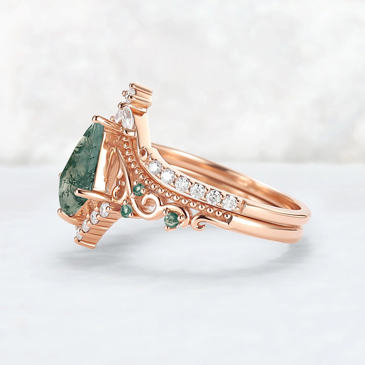 Botanical Vine Kite Cut Moss Agate 14K Rose Gold Ring Set 2pcs
