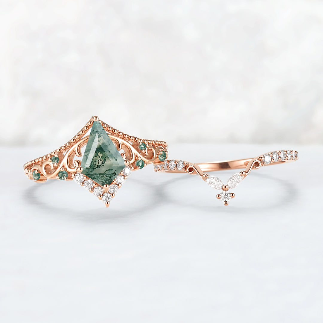 Botanical Vine Kite Cut Moss Agate 14K Rose Gold Ring Set 2pcs