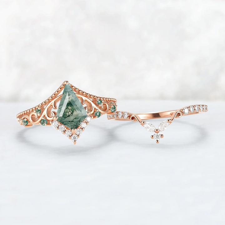 Botanical Vine Kite Cut Moss Agate 14K Rose Gold Ring Set 2pcs