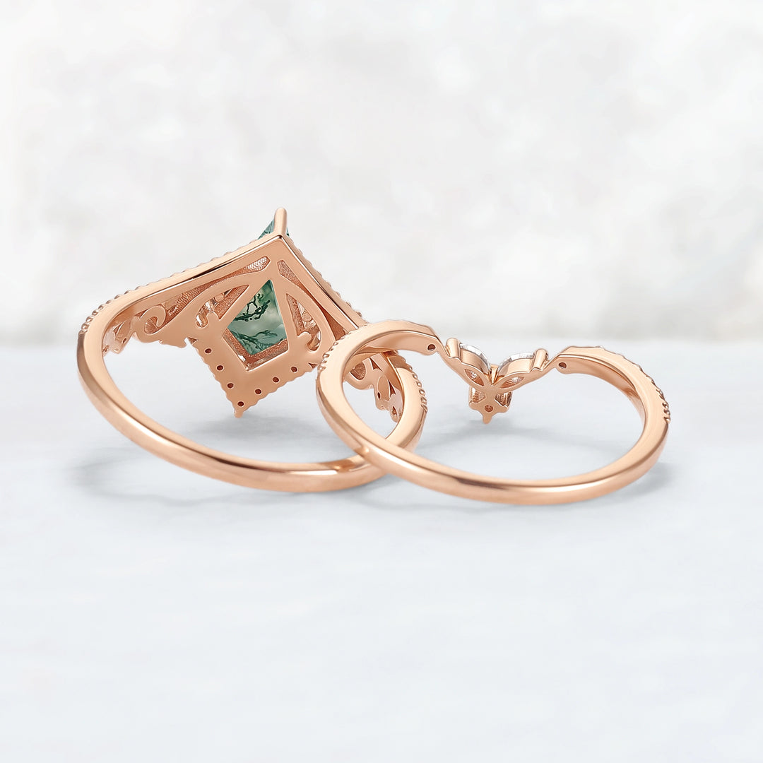 Botanical Vine Kite Cut Moss Agate 14K Rose Gold Ring Set 2pcs
