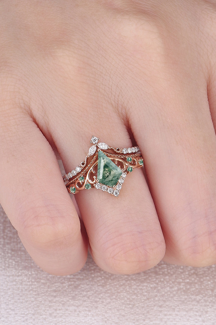 Botanical Vine Kite Cut Moss Agate 14K Rose Gold Ring Set 2pcs