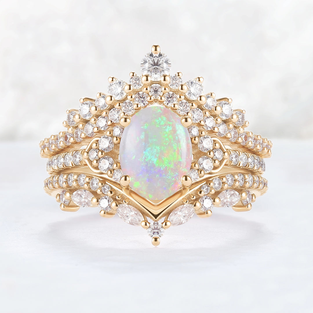 Brilliant Crown Oval Natural Opal Gemstone Ring Set 3pcs