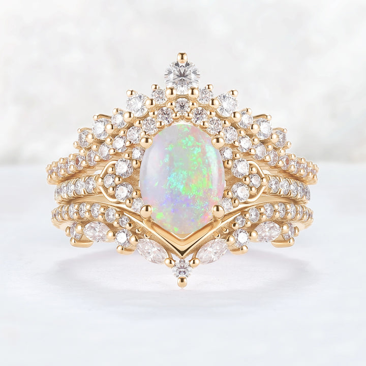 Brilliant Crown Oval Natural Opal Gemstone Ring Set 3pcs