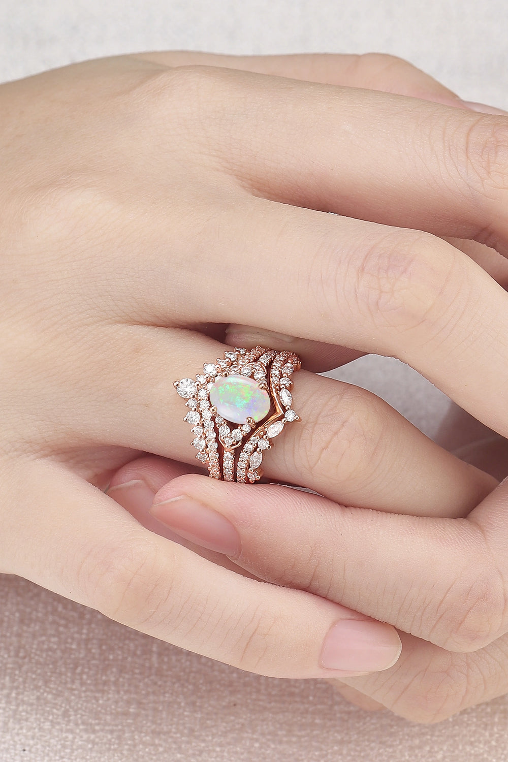 Brilliant Crown Oval Natural Opal Gemstone Ring Set 3pcs