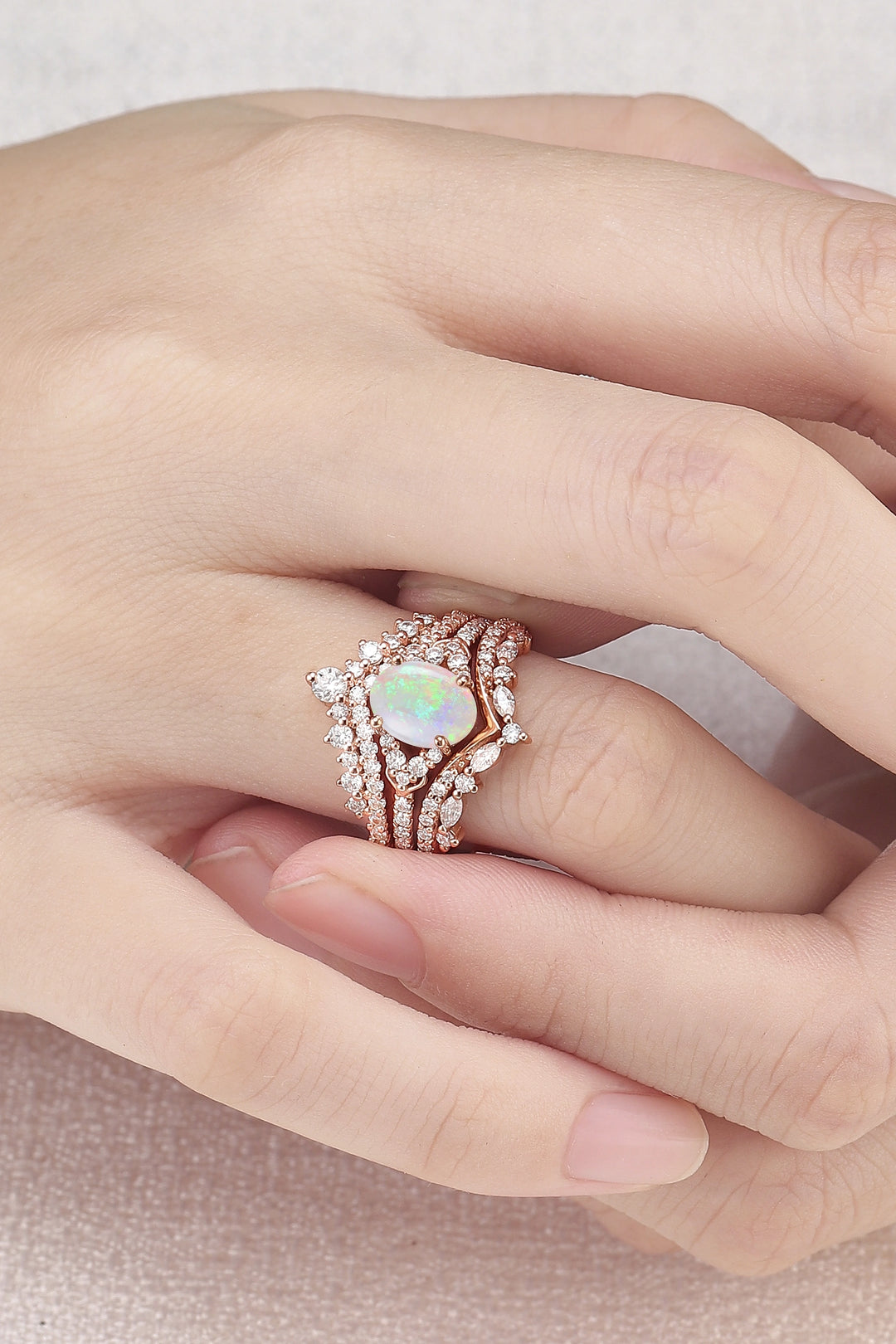 Brilliant Crown Oval Natural Opal Gemstone Ring Set 3pcs