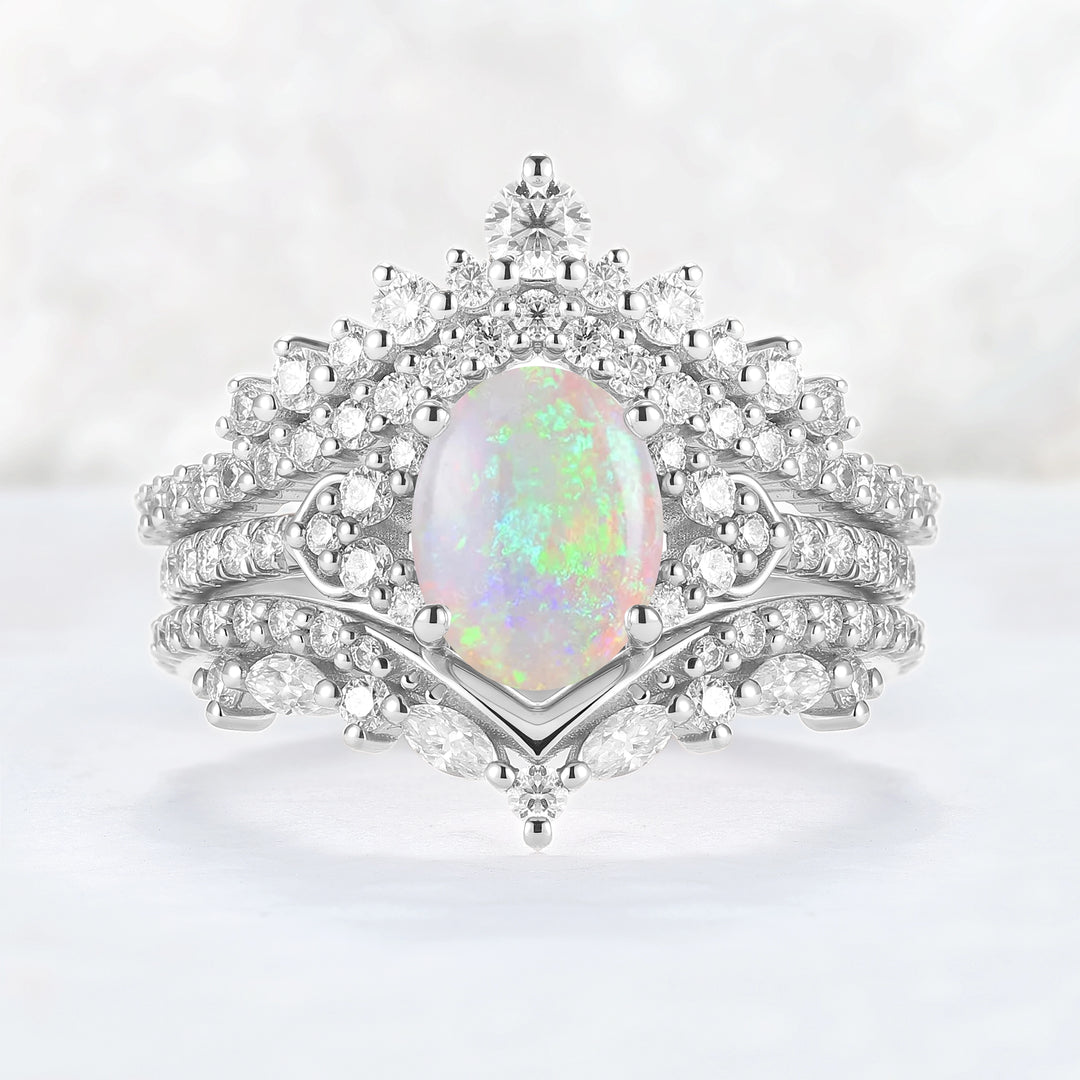 Brilliant Crown Oval Natural Opal Gemstone Ring Set 3pcs