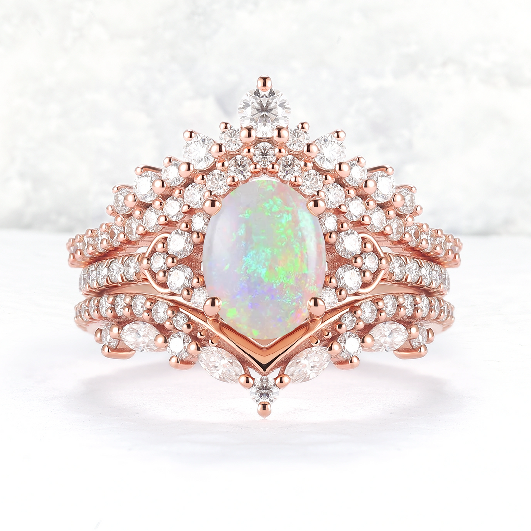 Brilliant Crown Oval Natural Opal Gemstone Ring Set 3pcs