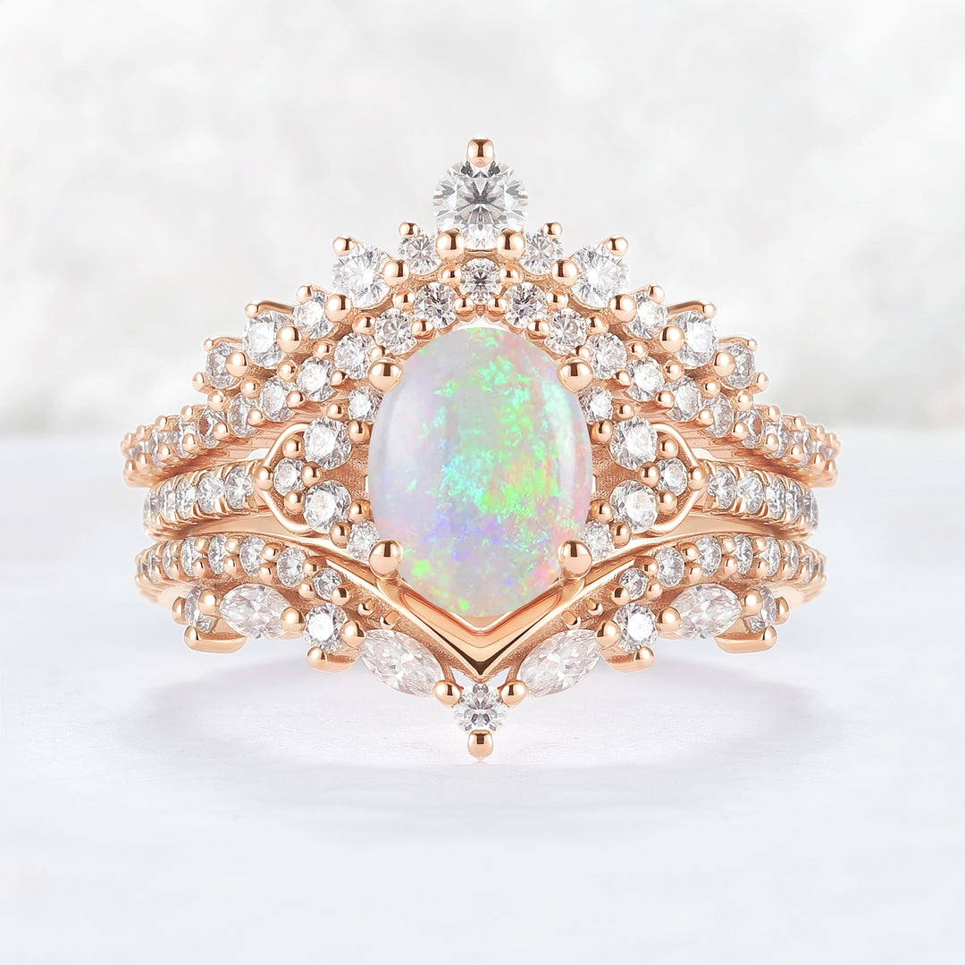 Brilliant Crown Oval Natural Opal Gemstone Ring Set 3pcs