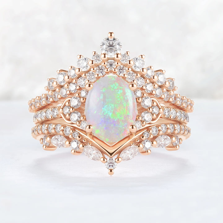 Brilliant Crown Oval Natural Opal Gemstone Ring Set 3pcs
