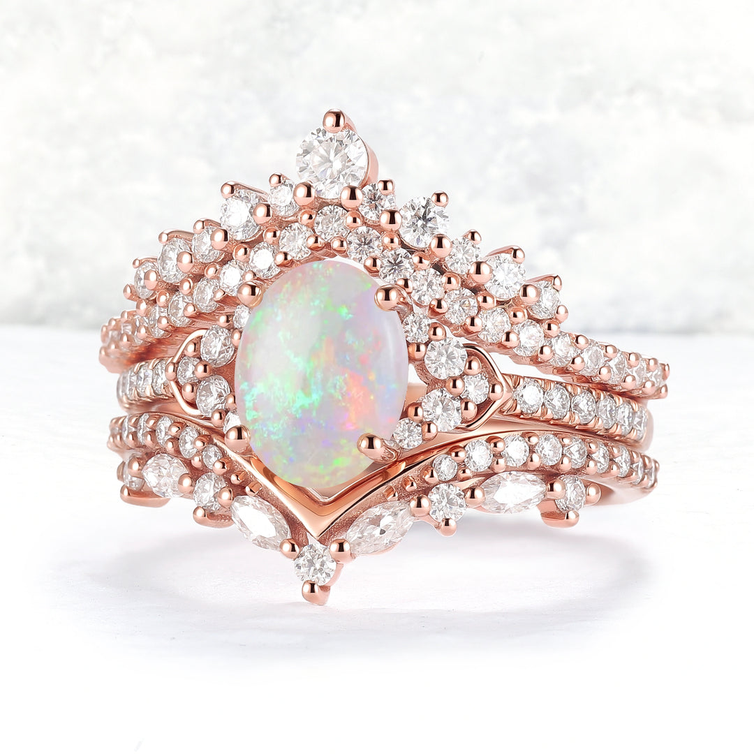 Brilliant Crown Oval Natural Opal Gemstone Ring Set 3pcs