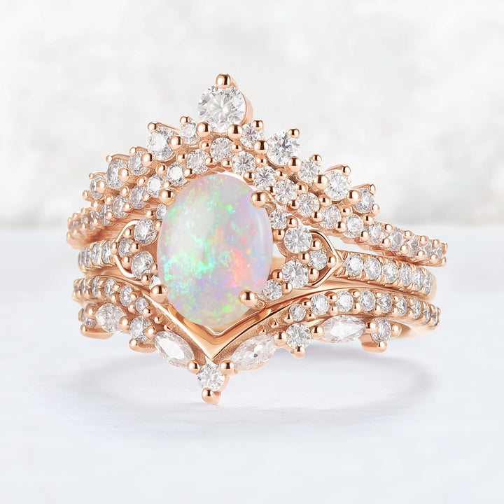 Brilliant Crown Oval Natural Opal Gemstone Ring Set 3pcs