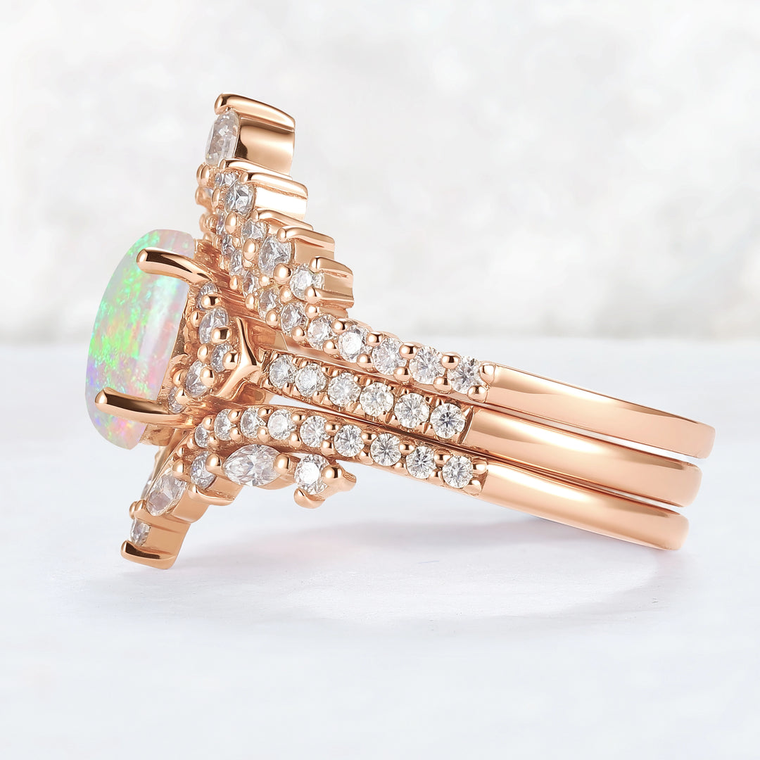 Brilliant Crown Oval Natural Opal Gemstone Ring Set 3pcs