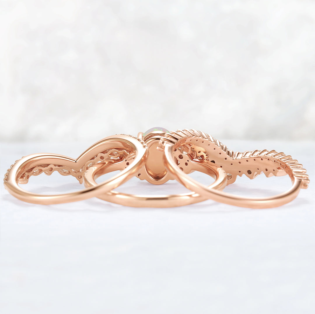 Brilliant Crown Oval Natural Opal Gemstone Ring Set 3pcs