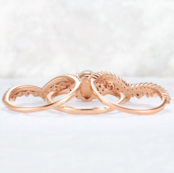 Brilliant Crown Oval Natural Opal Gemstone Ring Set 3pcs