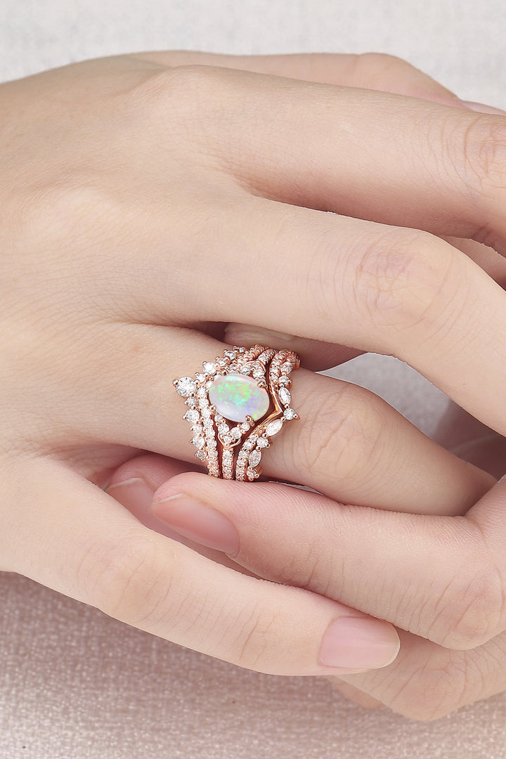 Brilliant Crown Oval Natural Opal Gemstone Ring Set 3pcs