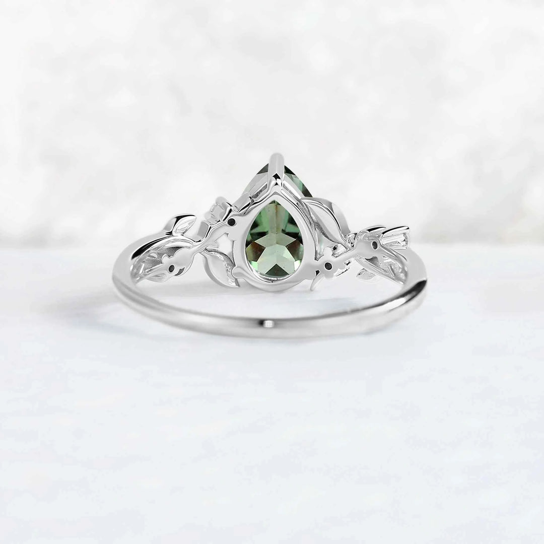 Nature Inspired Pear Cut Lab Green Sapphire Moon & Leafy Ring