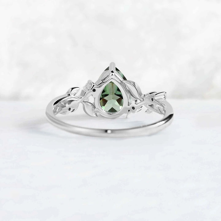 Nature Inspired Pear Cut Lab Green Sapphire Moon & Leafy Ring