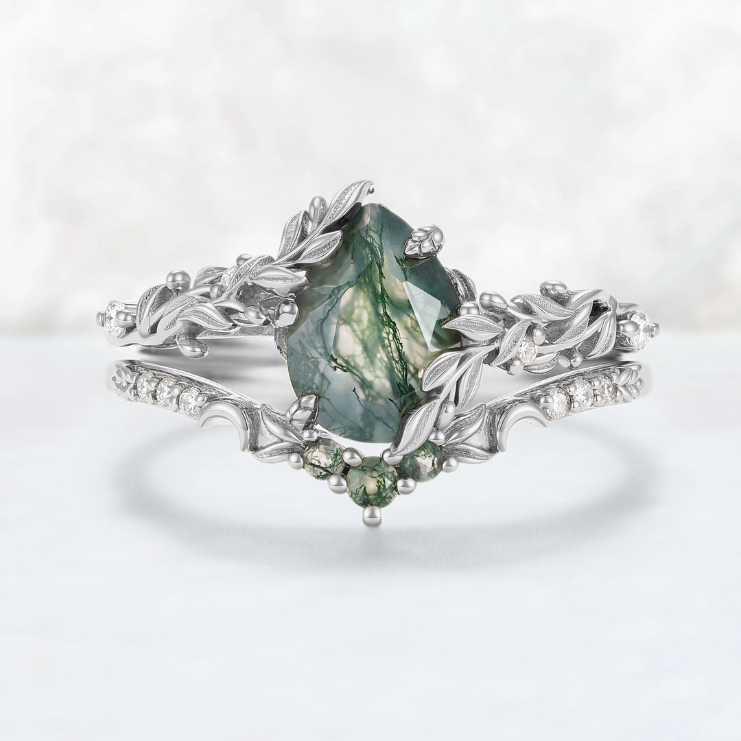 Celestial Nature Moonlit Olive Leaf Moss Agate Gemstone Bridal Ring Set 2pcs