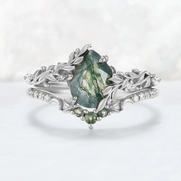 Celestial Nature Moonlit Olive Leaf Moss Agate Gemstone Bridal Ring Set 2pcs