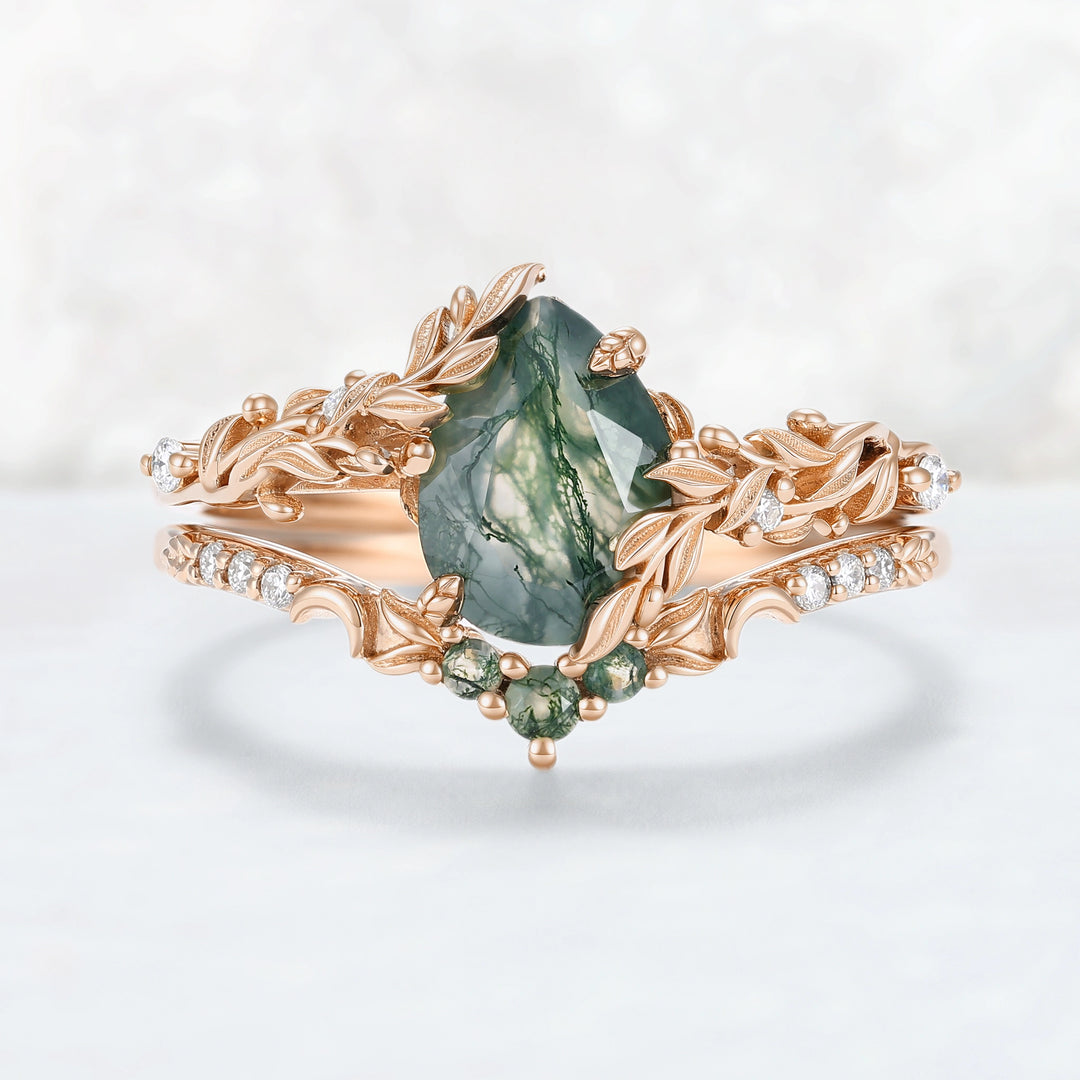 Celestial Nature Moonlit Olive Leaf Moss Agate Gemstone Bridal Ring Set 2pcs
