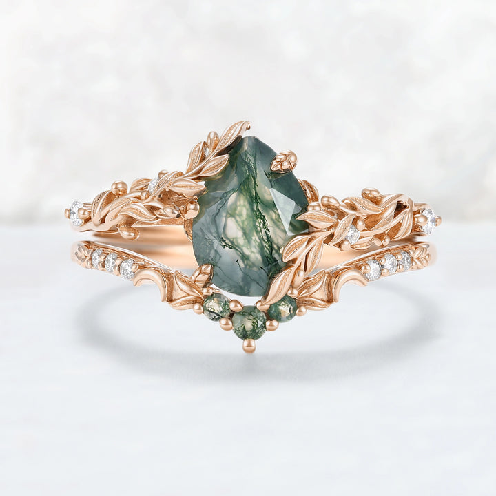 Celestial Nature Moonlit Olive Leaf Moss Agate Gemstone Bridal Ring Set 2pcs