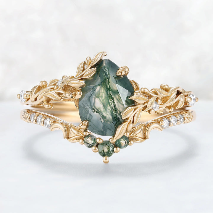Celestial Nature Moonlit Olive Leaf Moss Agate Gemstone Bridal Ring Set 2pcs