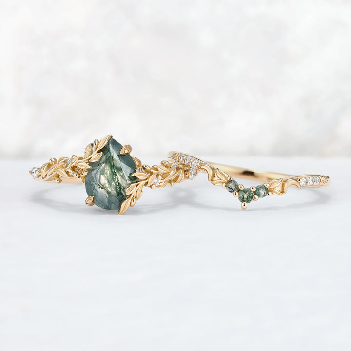 Celestial Nature Moonlit Olive Leaf Moss Agate Gemstone Bridal Ring Set 2pcs