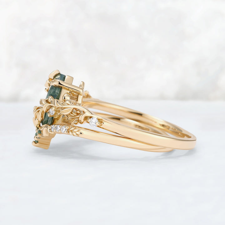 Celestial Nature Moonlit Olive Leaf Moss Agate Gemstone Bridal Ring Set 2pcs