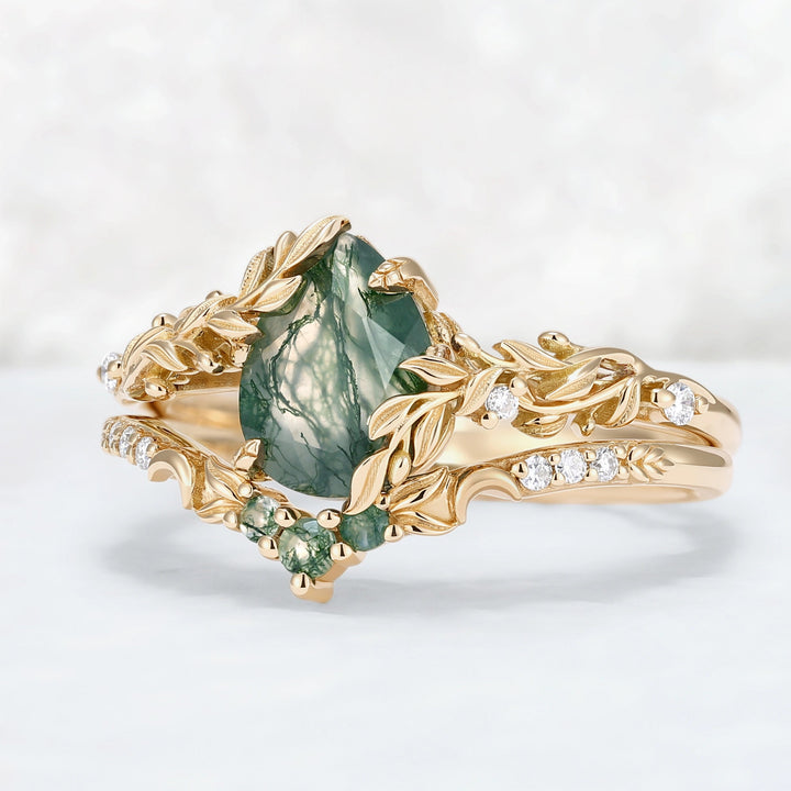 Celestial Nature Moonlit Olive Leaf Moss Agate Gemstone Bridal Ring Set 2pcs