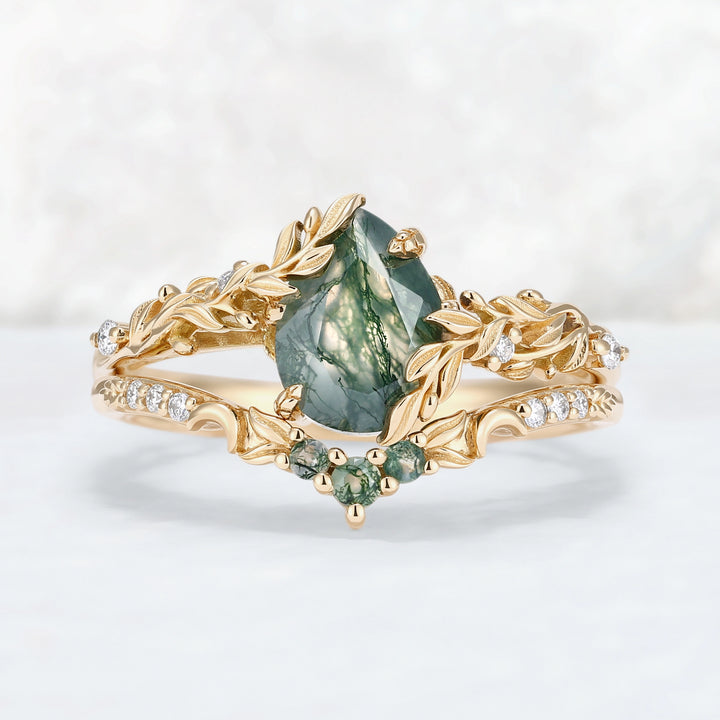 Celestial Nature Moonlit Olive Leaf Moss Agate Gemstone Bridal Ring Set 2pcs