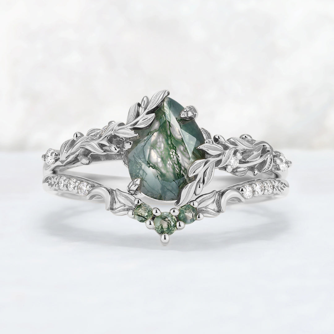 Celestial Nature Moonlit Olive Leaf Moss Agate Gemstone Bridal Ring Set 2pcs
