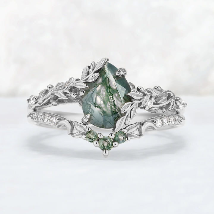 Celestial Nature Moonlit Olive Leaf Moss Agate Gemstone Bridal Ring Set 2pcs