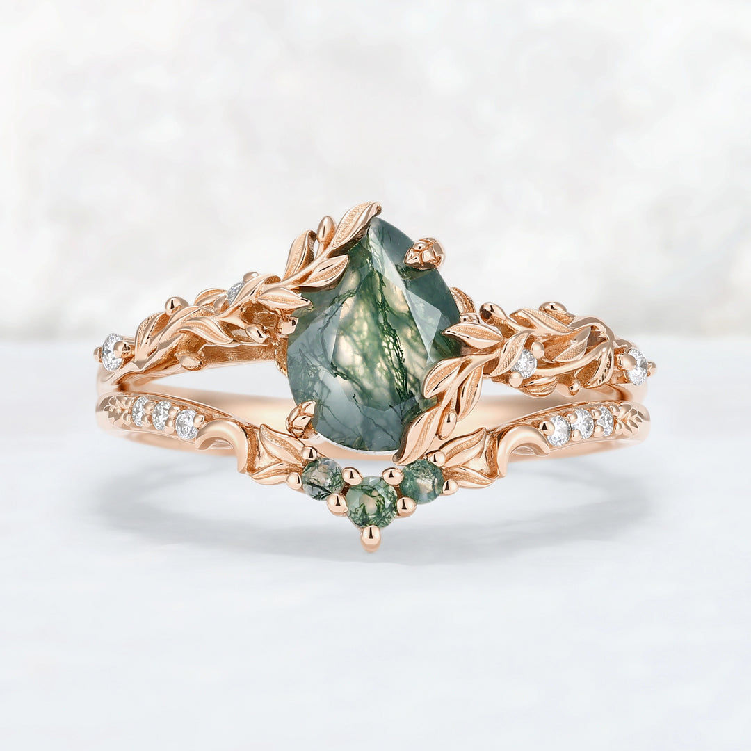 Celestial Nature Moonlit Olive Leaf Moss Agate Gemstone Bridal Ring Set 2pcs