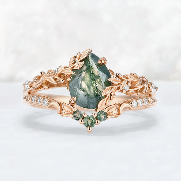 Celestial Nature Moonlit Olive Leaf Moss Agate Gemstone Bridal Ring Set 2pcs