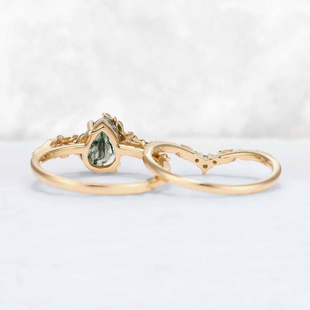Celestial Nature Moonlit Olive Leaf Moss Agate Gemstone Bridal Ring Set 2pcs