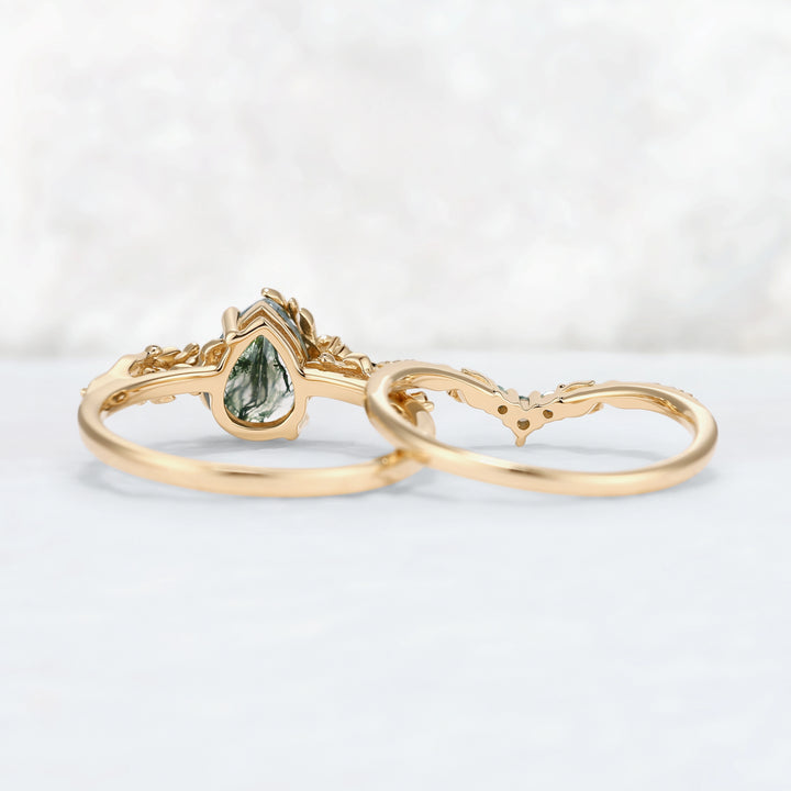 Celestial Nature Moonlit Olive Leaf Moss Agate Gemstone Bridal Ring Set 2pcs