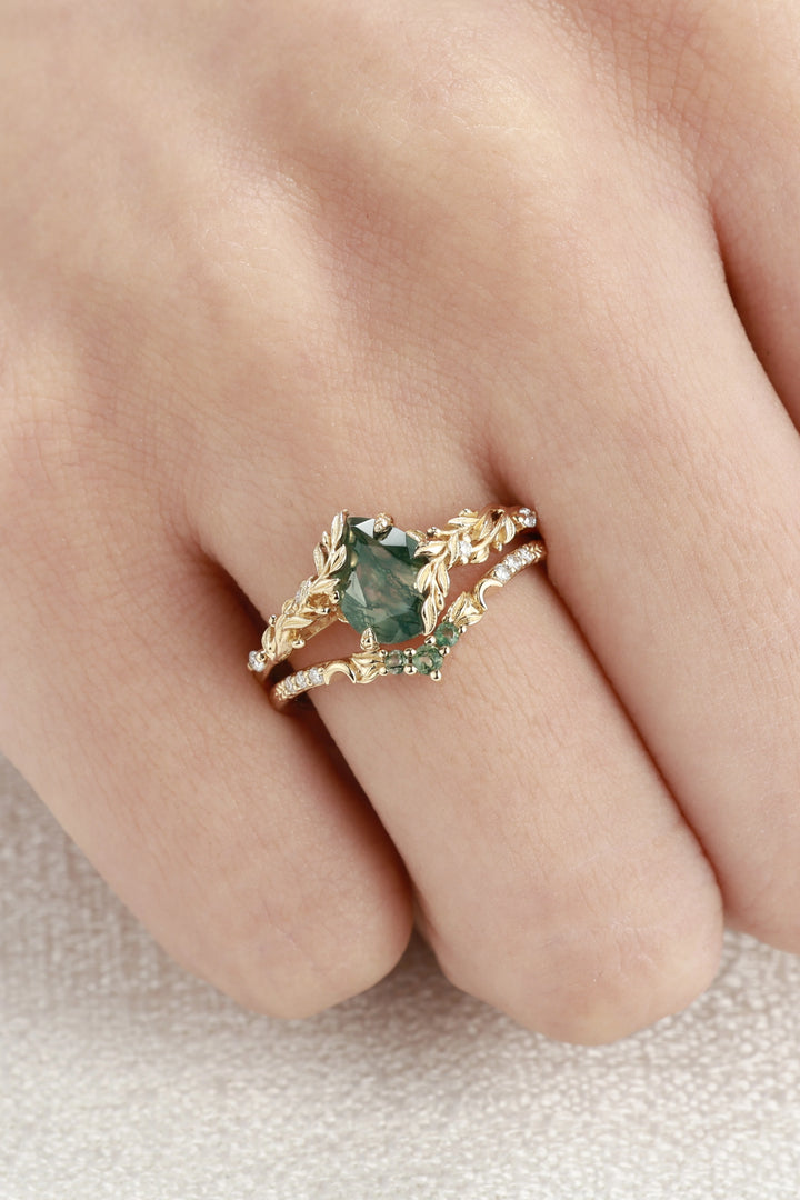 Celestial Nature Moonlit Olive Leaf Moss Agate Gemstone Bridal Ring Set 2pcs