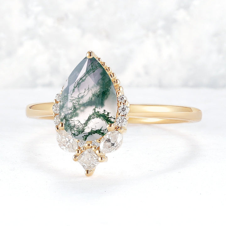 Charlotte Pear Cut Moss Agate Gemstone Ring