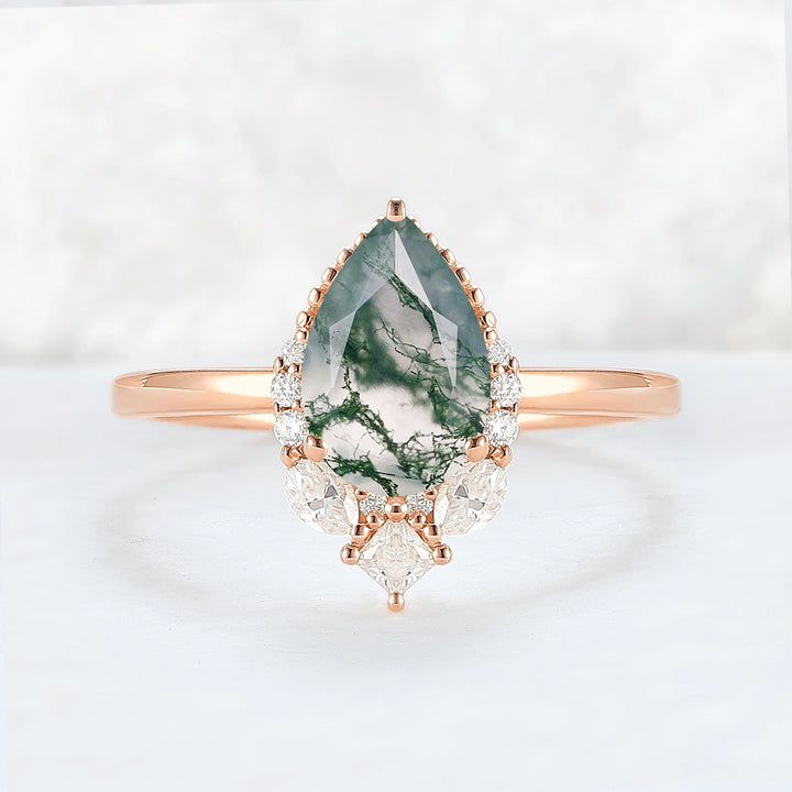 Charlotte Pear Cut Moss Agate Gemstone Ring