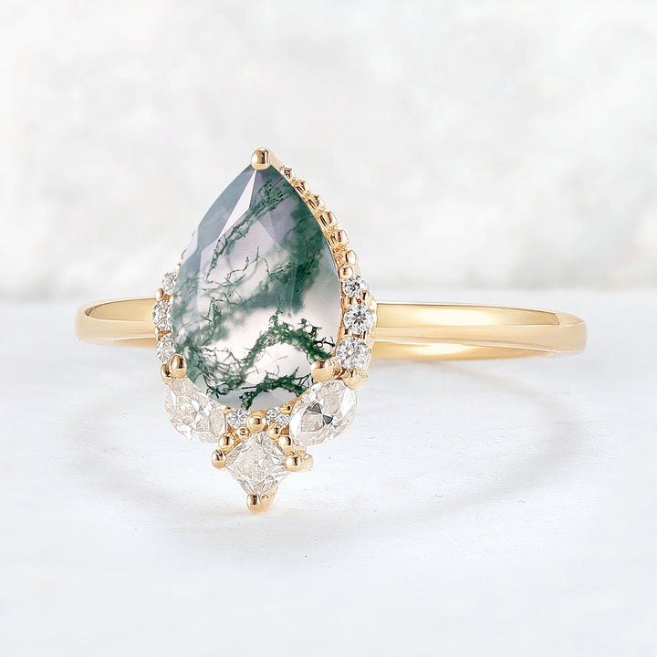 Charlotte Pear Cut Moss Agate Gemstone Ring