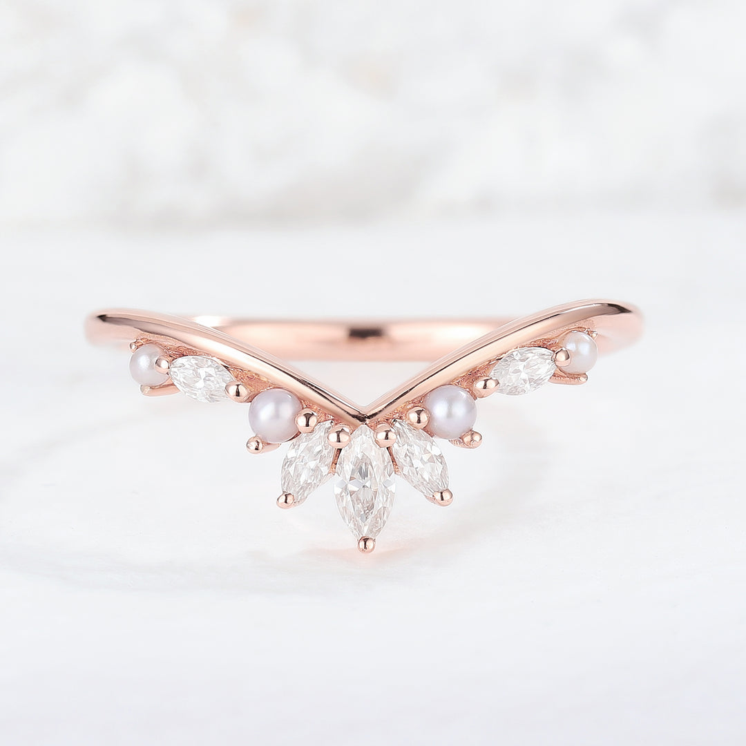 Chevron Marquise Cut Moissanite 14k Rose Gold Wedding Band