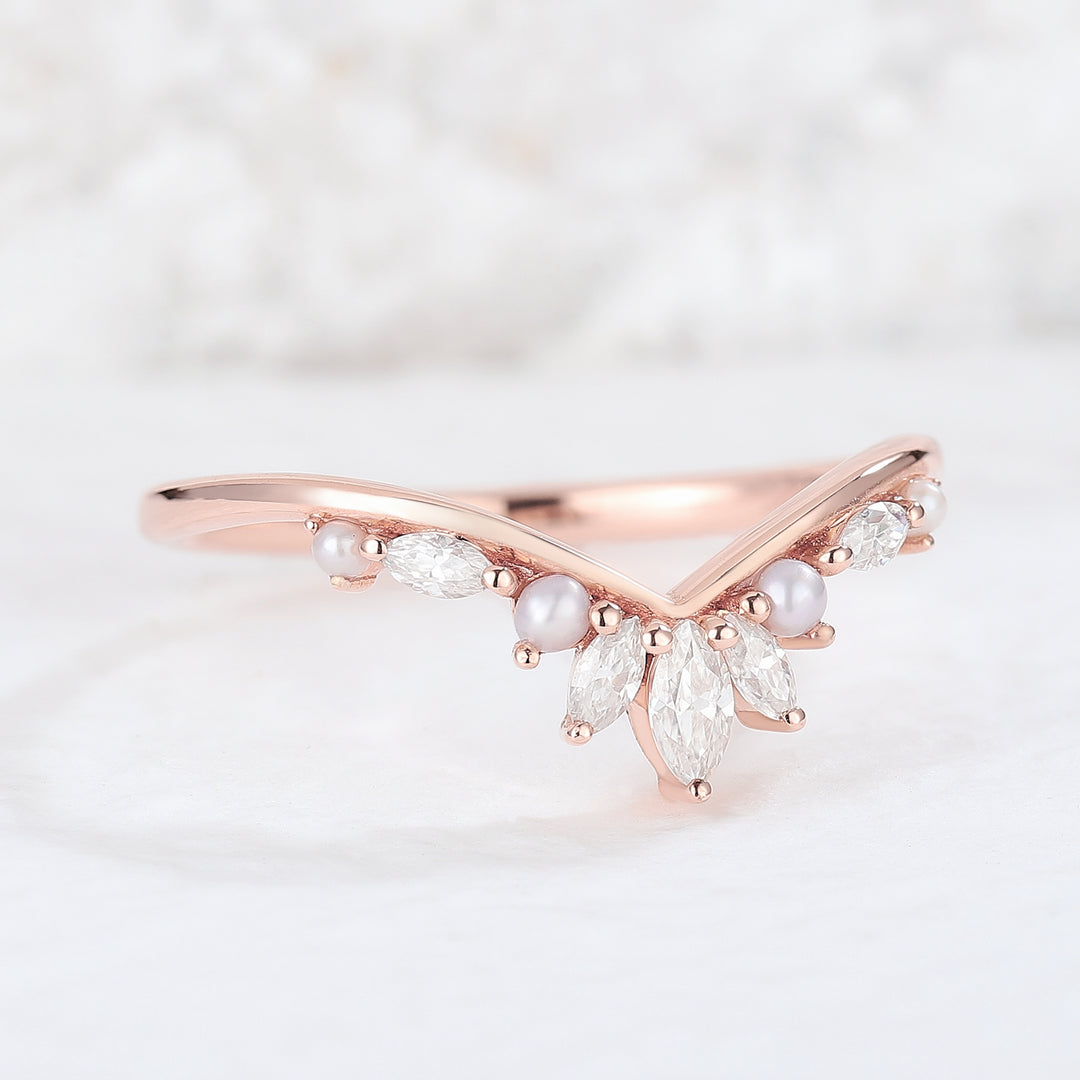 Chevron Marquise Cut Moissanite 14k Rose Gold Wedding Band