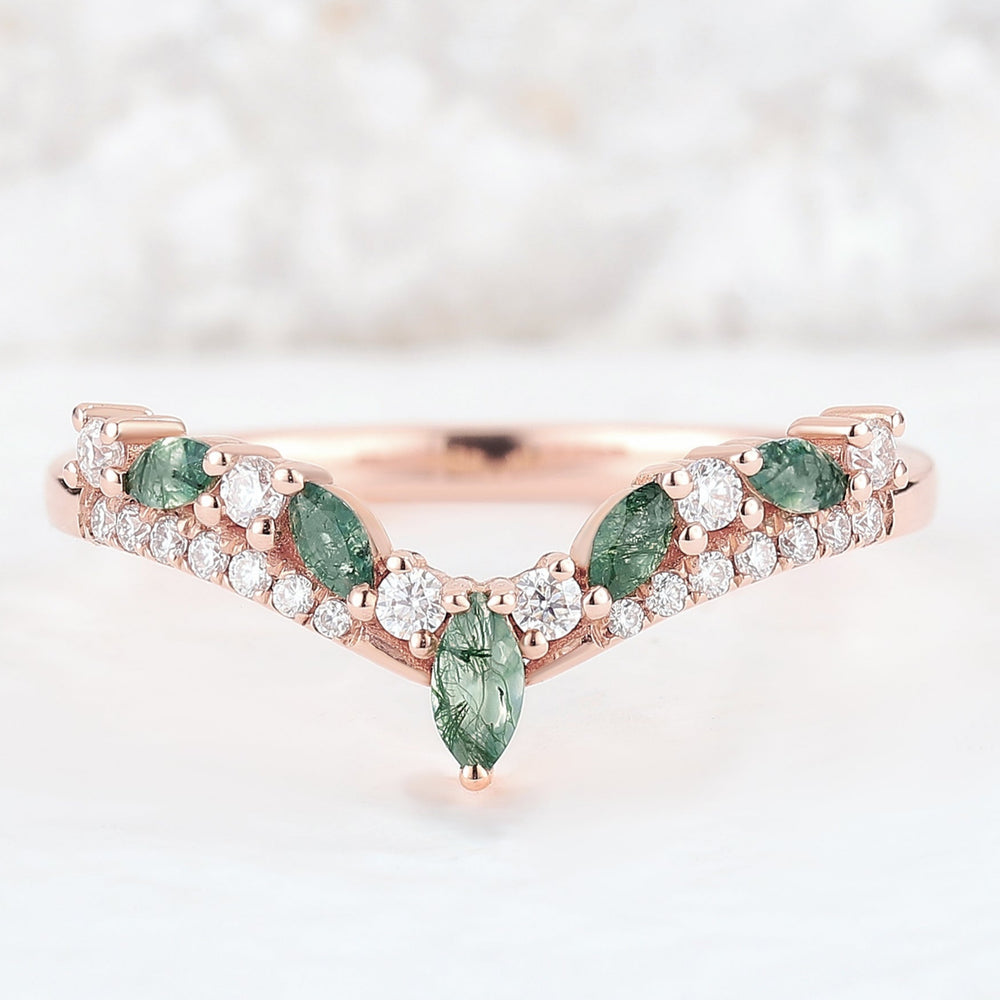 Chevron Marquise Cut Moss Agate 14k Rose Gold Wedding Band