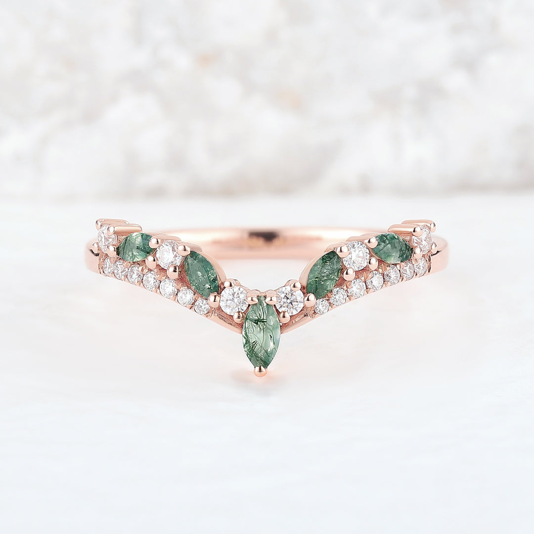 Chevron Marquise Cut Moss Agate 14k Rose Gold Wedding Band