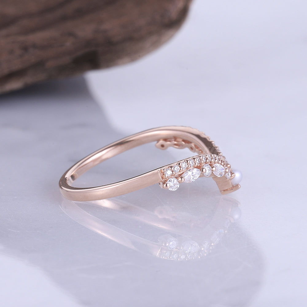 Chevron Round Pearl 14k Rose Gold Bridal Ring