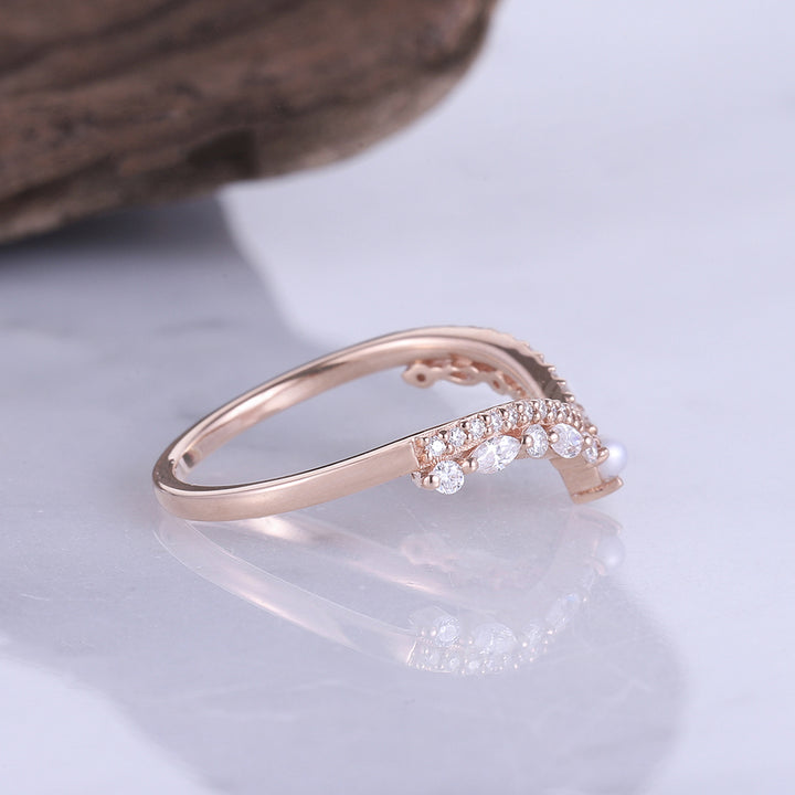 Chevron Round Pearl 14k Rose Gold Bridal Ring