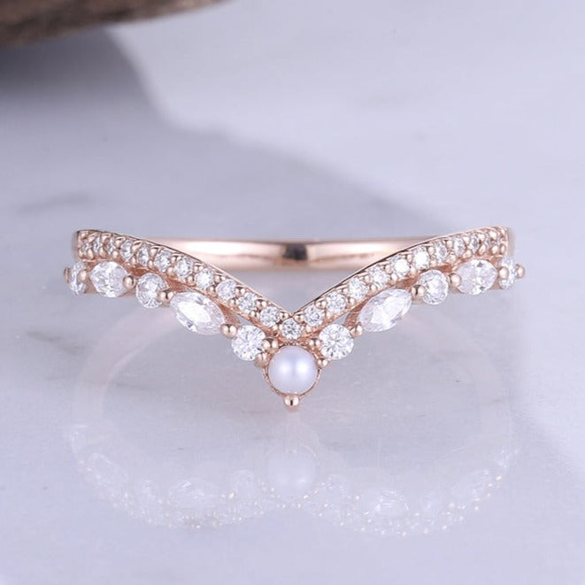 Chevron Marquise Moissanite Diamond 14k Rose Gold Ring Bridal Ring