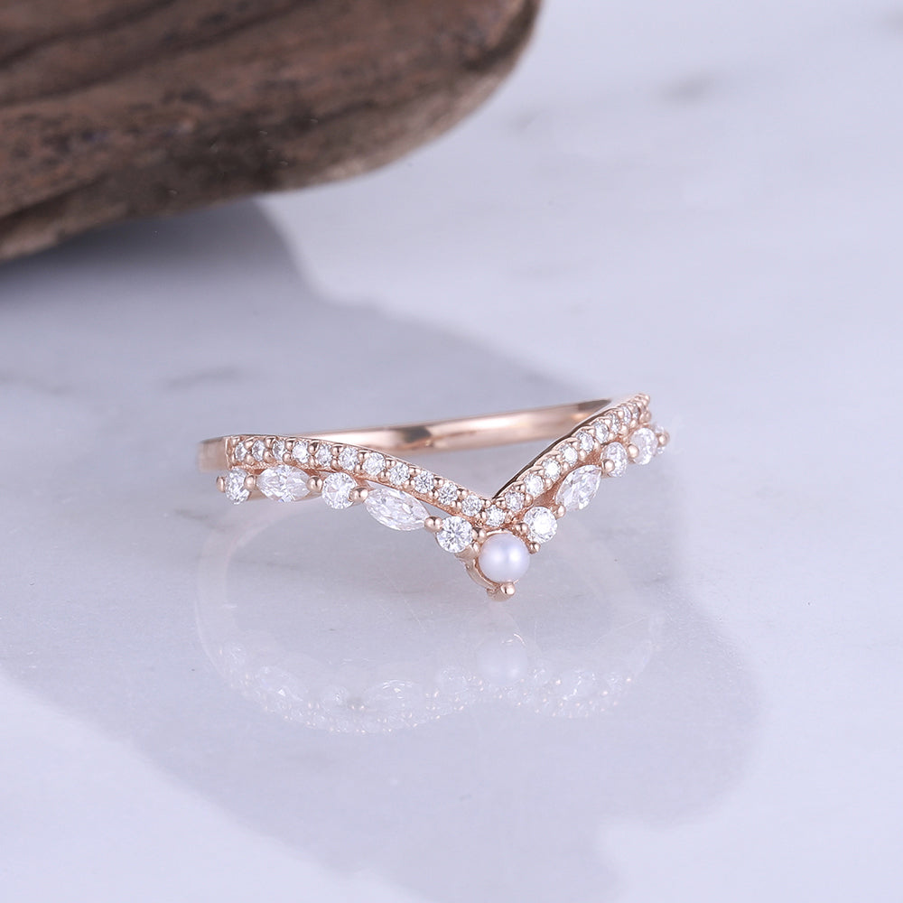 Chevron Marquise Moissanite Diamond 14k Rose Gold Ring Bridal Ring